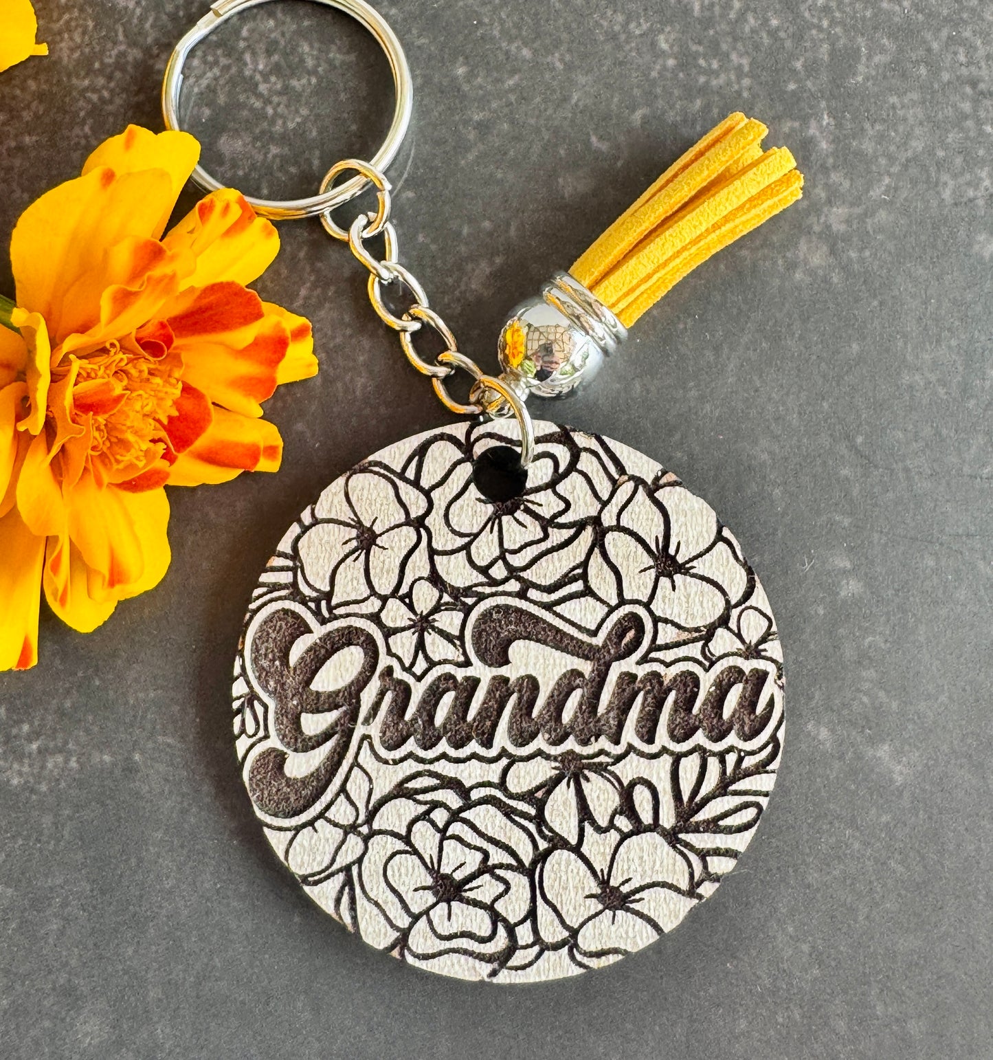 Mama or Grandma Floral Keychain – Laser Engraved 1.5" Round Wood Gift – Mother's Day or Grandma Gift Idea