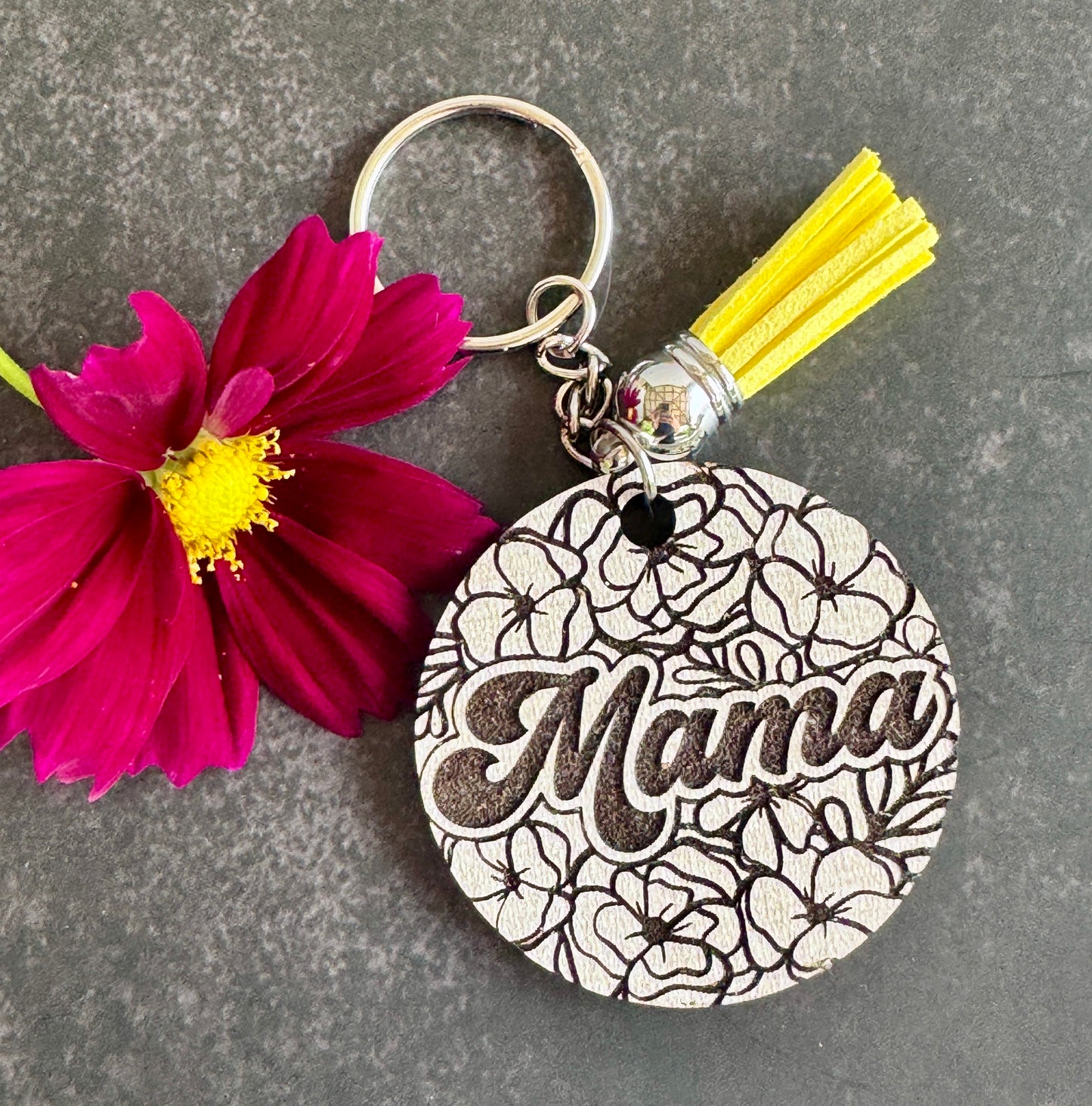 Mama or Grandma Floral Keychain – Laser Engraved 1.5" Round Wood Gift – Mother's Day or Grandma Gift Idea