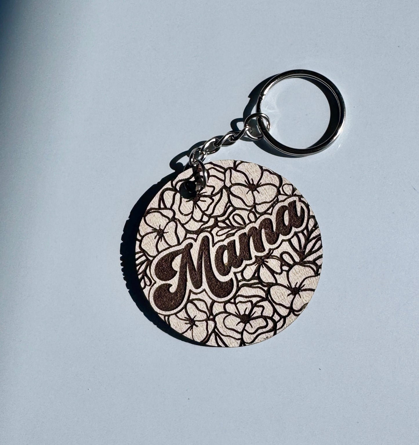 Mama or Grandma Floral Keychain – Laser Engraved 1.5" Round Wood Gift – Mother's Day or Grandma Gift Idea