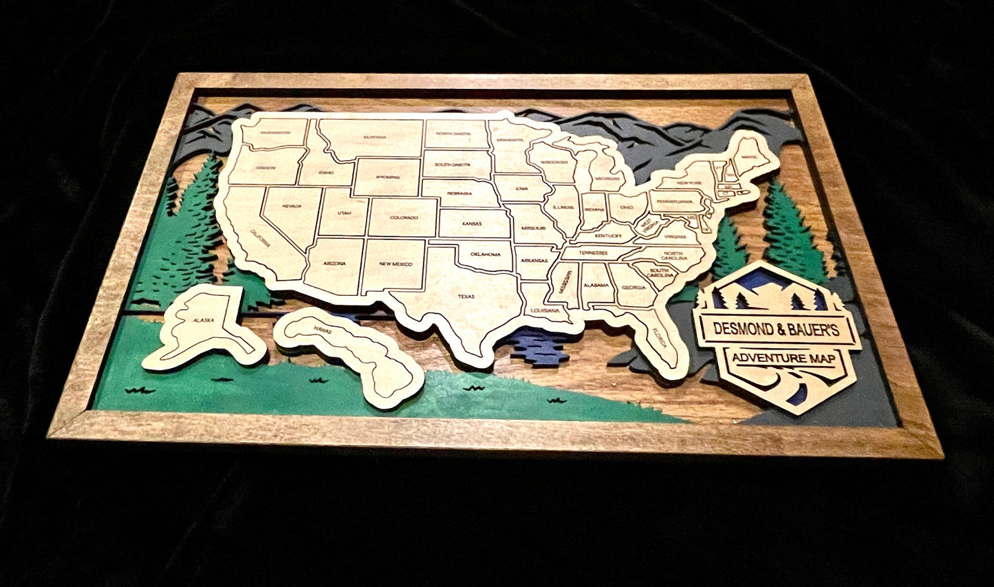 Customizable Wooden Travel Map, USA Travel Map, Engraved Travel Map, Adventure Map, Map Artwork, Removable States Map