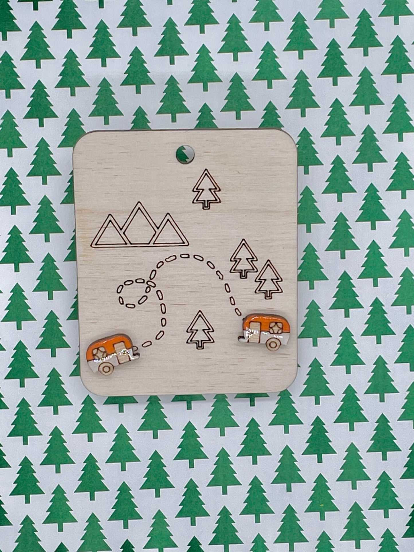 Camper Stud Earrings, Camping Jewelry, Wood Camper Earrings, Nature Lover Earrings