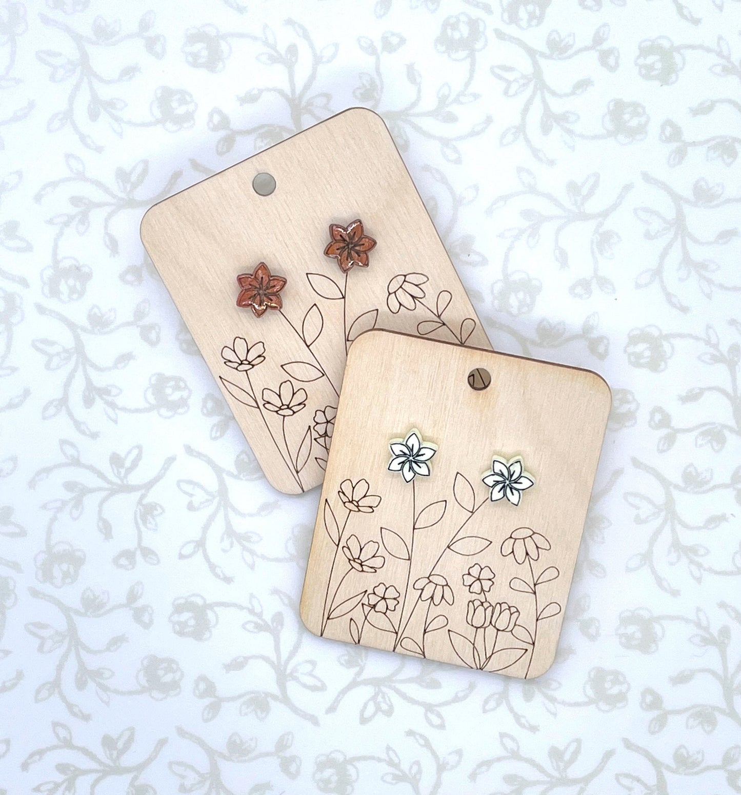 Laser Cut Forget-Me-Not Flower Wood with Resin Coating/Acrylic Stud Earrings