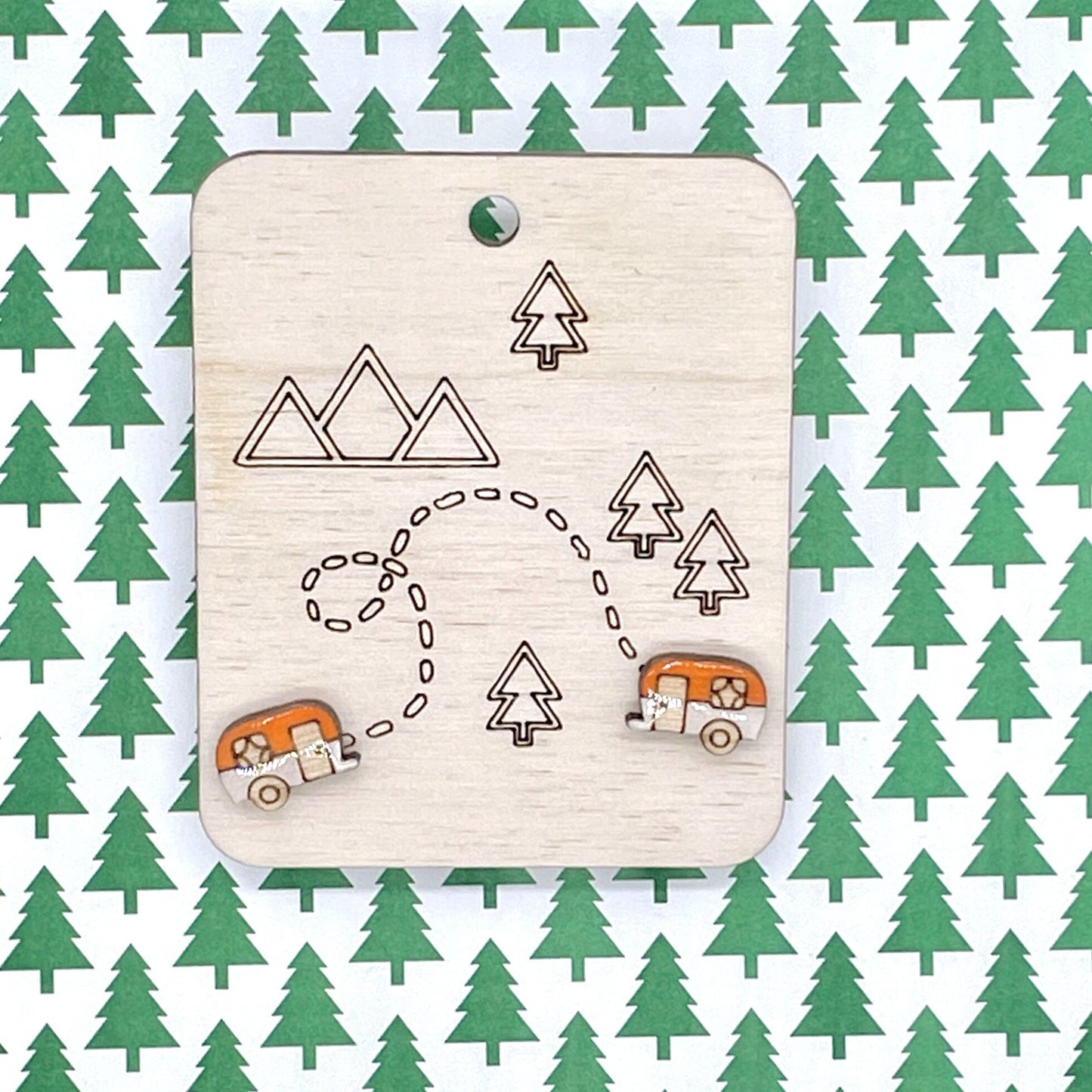 Camper Stud Earrings, Camping Jewelry, Wood Camper Earrings, Nature Lover Earrings