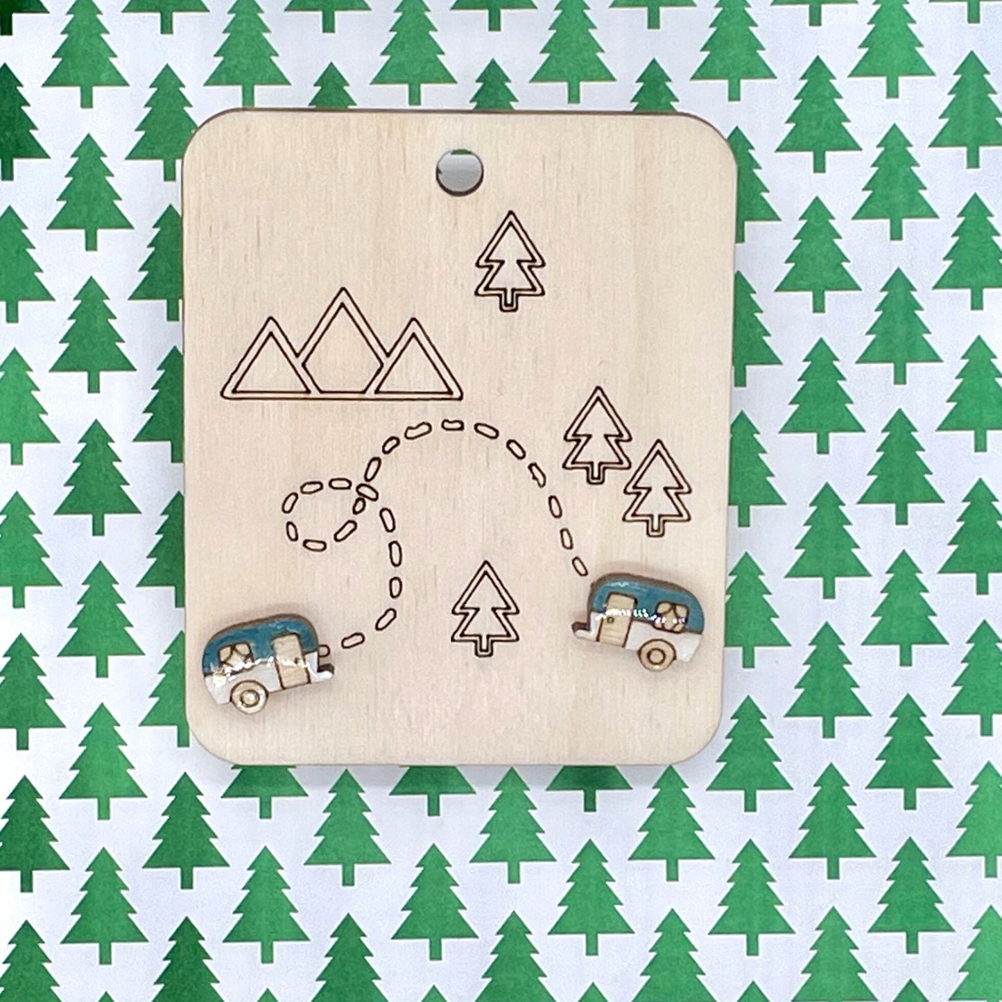 Camper Stud Earrings, Camping Jewelry, Wood Camper Earrings, Nature Lover Earrings