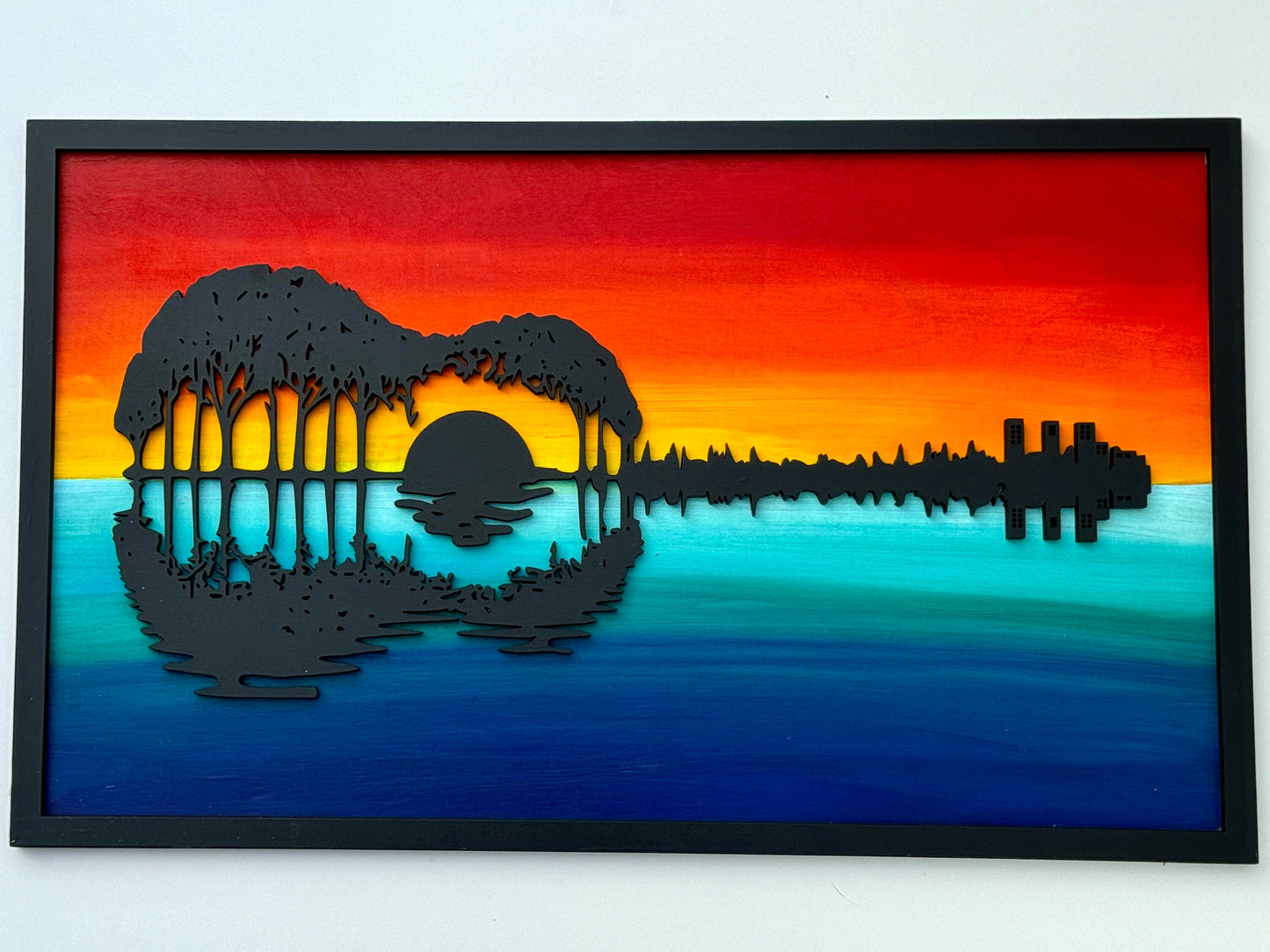 Guitar Wall Art, Colorful Guitar Wall Artwork, Wooden Guitar Sign, Rainbow Guitar