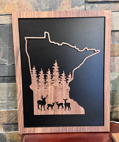 Rustic State Deer Woodland Walnut Sign – Black-Backed Laser Art
