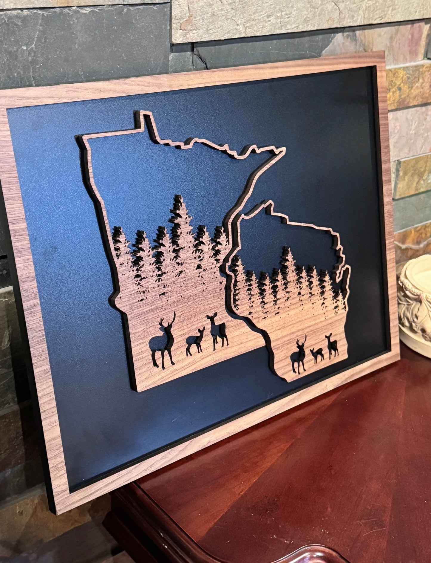 Rustic State Deer Woodland Walnut Sign – Black-Backed Laser Art