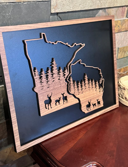 Rustic State Deer Woodland Walnut Sign – Black-Backed Laser Art