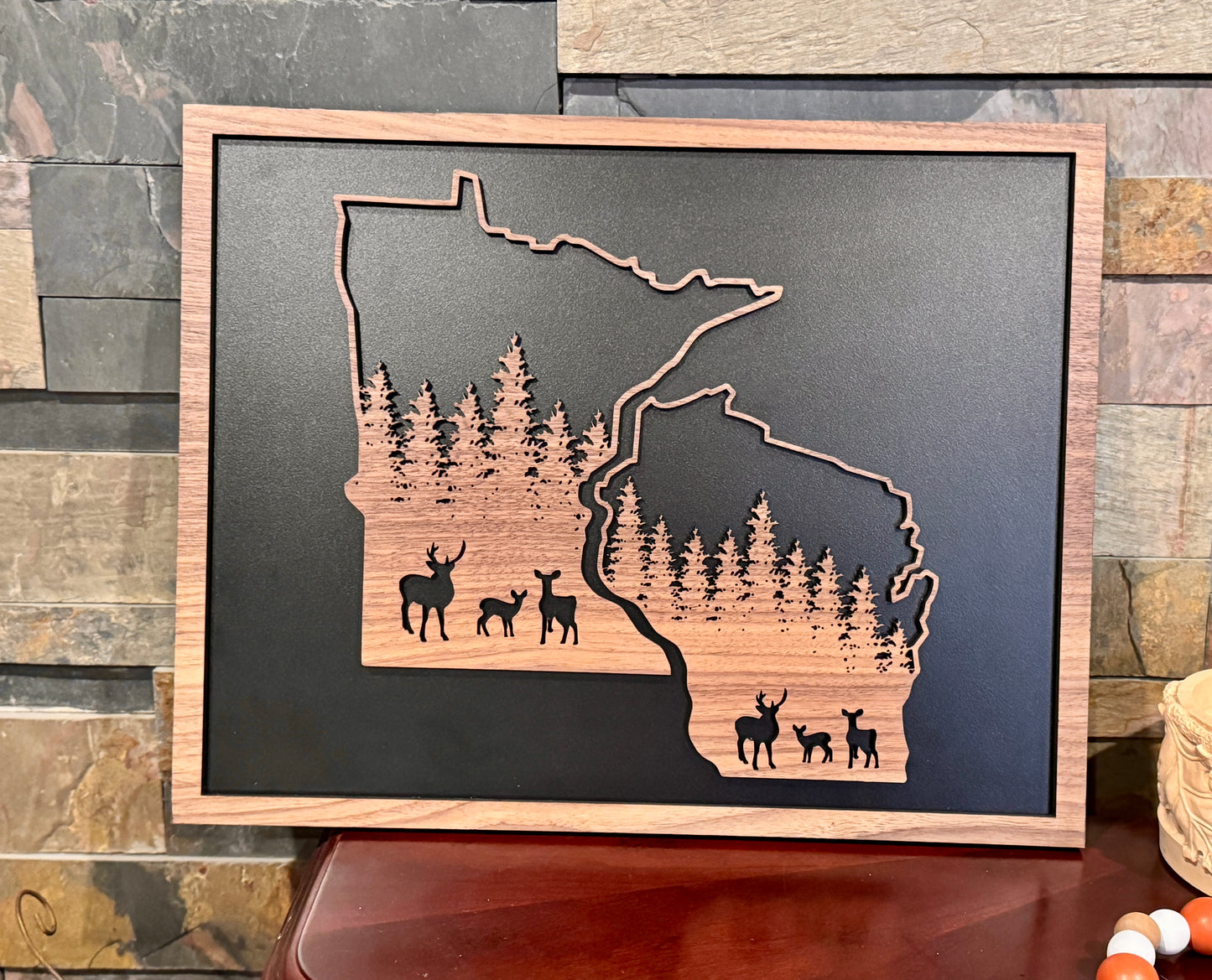 Rustic State Deer Woodland Walnut Sign – Black-Backed Laser Art