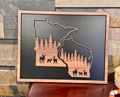 Rustic State Deer Woodland Walnut Sign – Black-Backed Laser Art