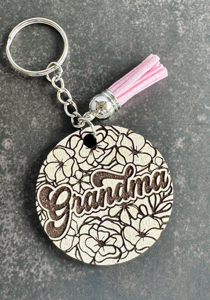 Mama or Grandma Floral Keychain – Laser Engraved 1.5" Round Wood Gift – Mother's Day or Grandma Gift Idea