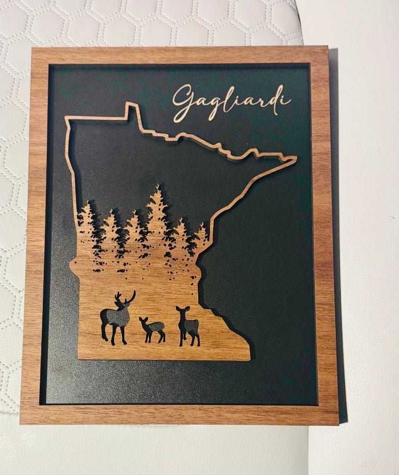Rustic State Deer Woodland Walnut Sign – Black-Backed Laser Art