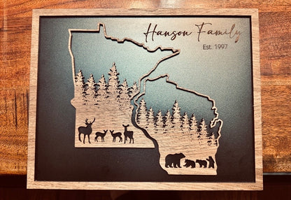 Rustic State Deer Woodland Walnut Sign – Black-Backed Laser Art