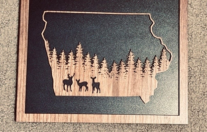 Rustic State Deer Woodland Walnut Sign – Black-Backed Laser Art