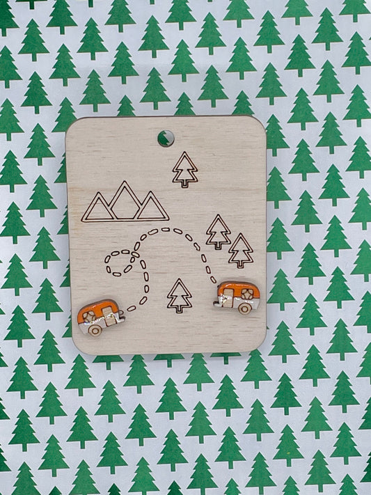 Camper Stud Earrings, Camping Jewelry, Wood Camper Earrings, Nature Lover Earrings