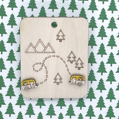 Camper Stud Earrings, Camping Jewelry, Wood Camper Earrings, Nature Lover Earrings