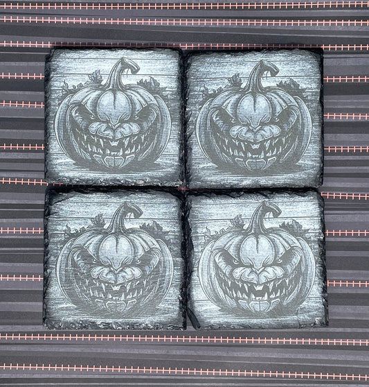 Scary Pumpkin Slate Halloween Coasters - set of 4