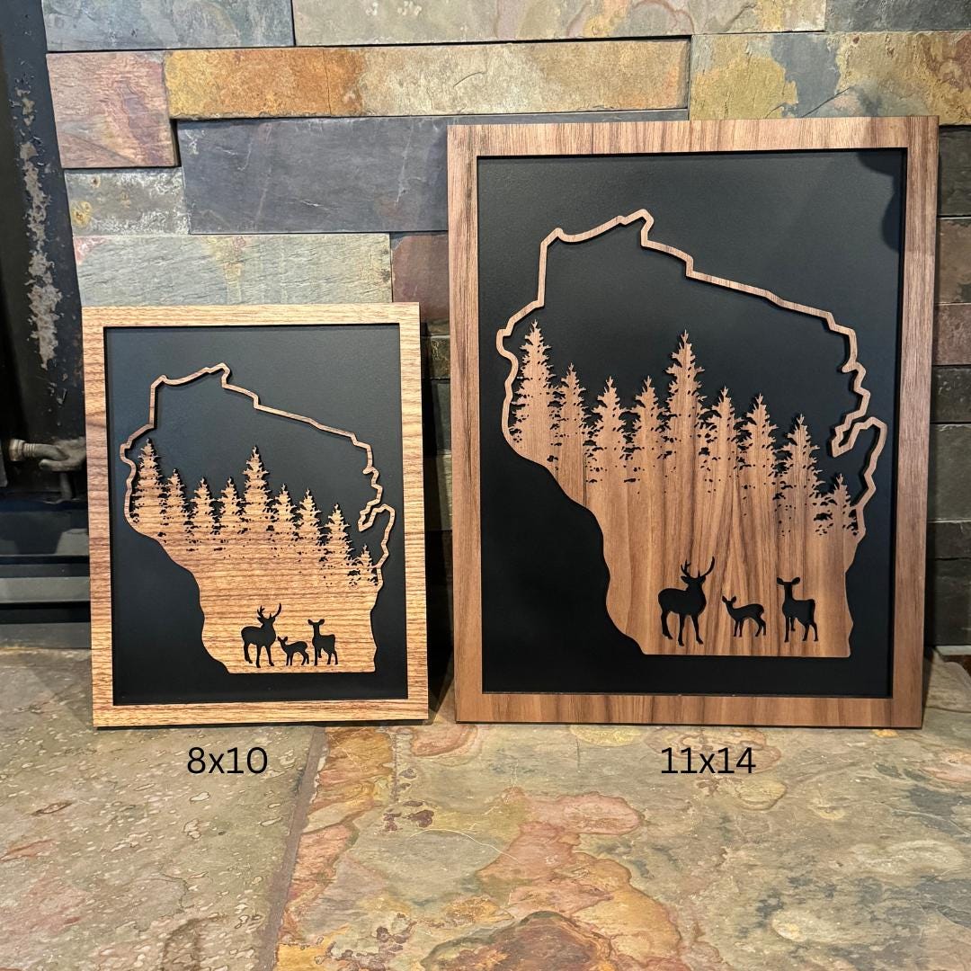 Rustic State Deer Woodland Walnut Sign – Black-Backed Laser Art