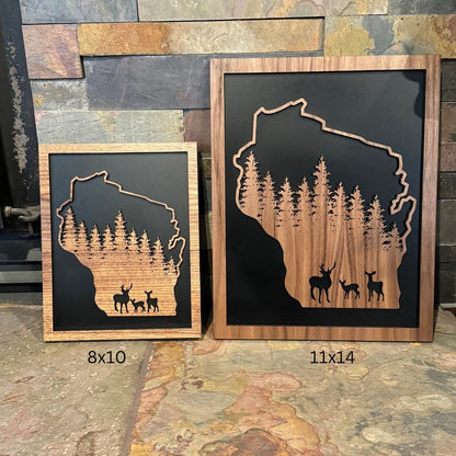 Rustic State Deer Woodland Walnut Sign – Black-Backed Laser Art