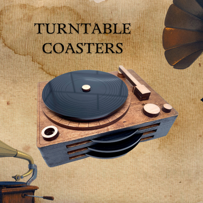 Record Coaster Set | Set of 4 Coasters | Record Coasters and Holder | Wood and Acrylic Coaster | Record Player Coasters | Mini Record Player
